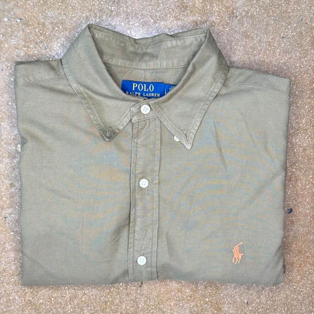 Polo Ralph Lauren Mens L Classic Fit Olive Green Button Down Shirt Pony Logo